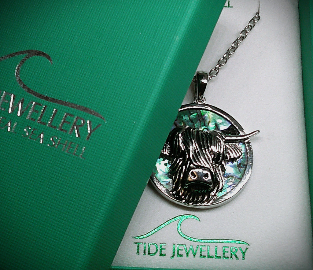 Paua shell west highland cow necklace