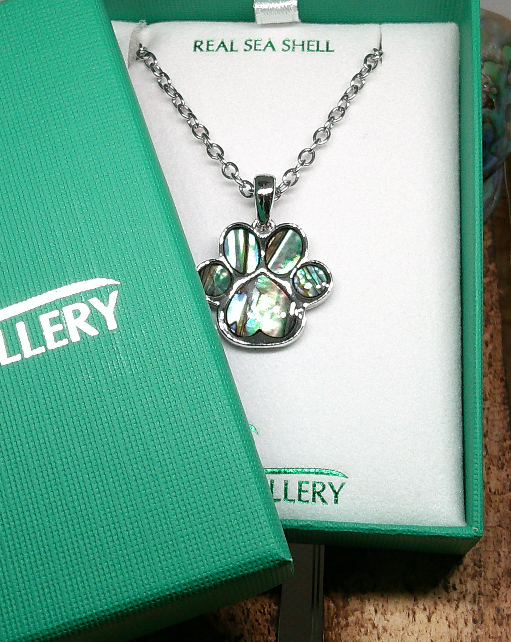 Paua shell pawprint necklace