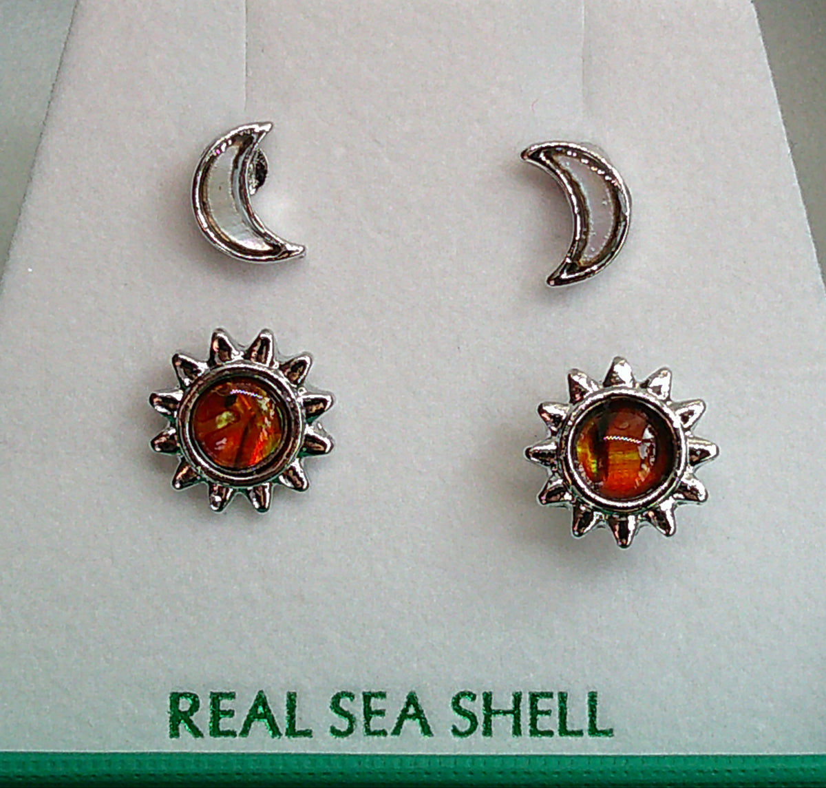 Sun & Moon Shell Stud Earrings, Set of Two Pairs