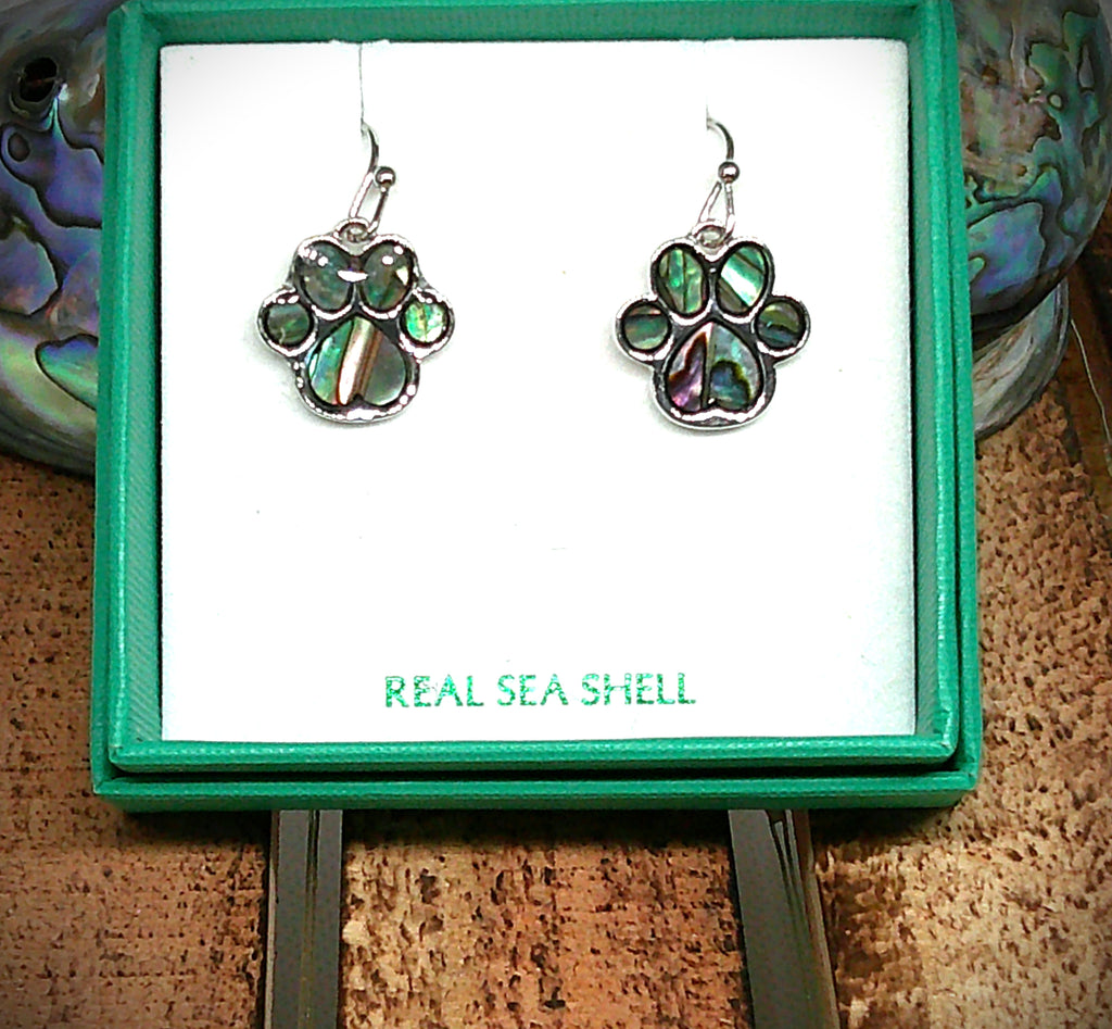 Paua shell paw print earrings