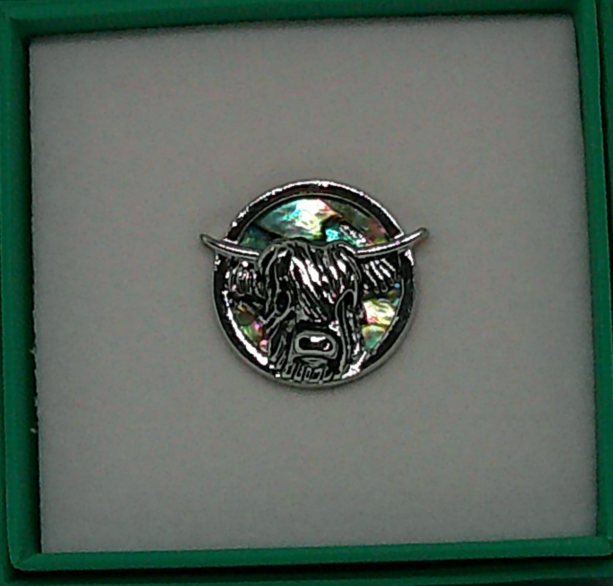 Natural Paua Shell Highland Cow Pin Badge