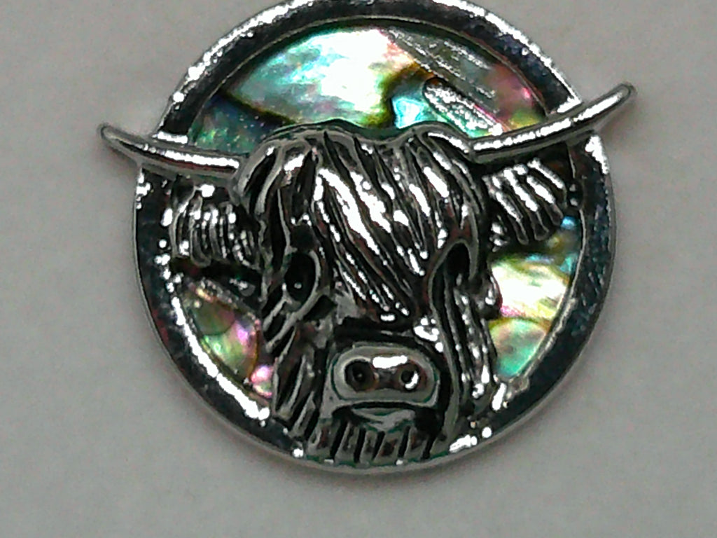 Natural Paua Shell Highland Cow Pin Badge