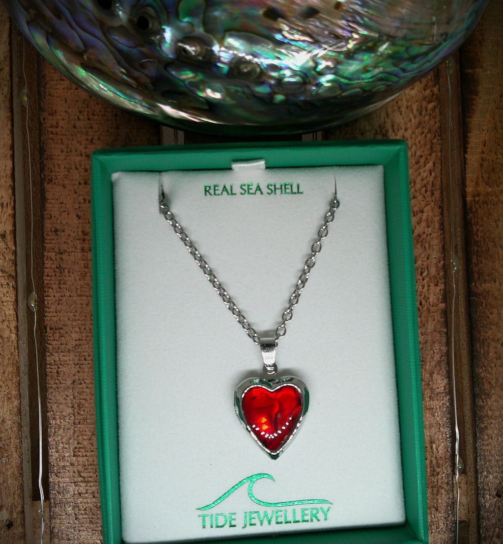 Paua shell red heart locket