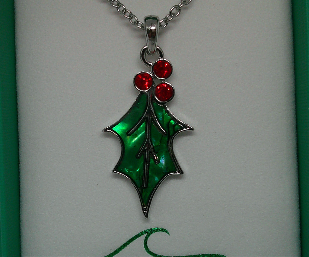 Green Paua Shell Holly Leaf Necklace with Red Glass Berries
