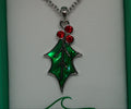 Green Paua Shell Holly Leaf Necklace with Red Glass Berries