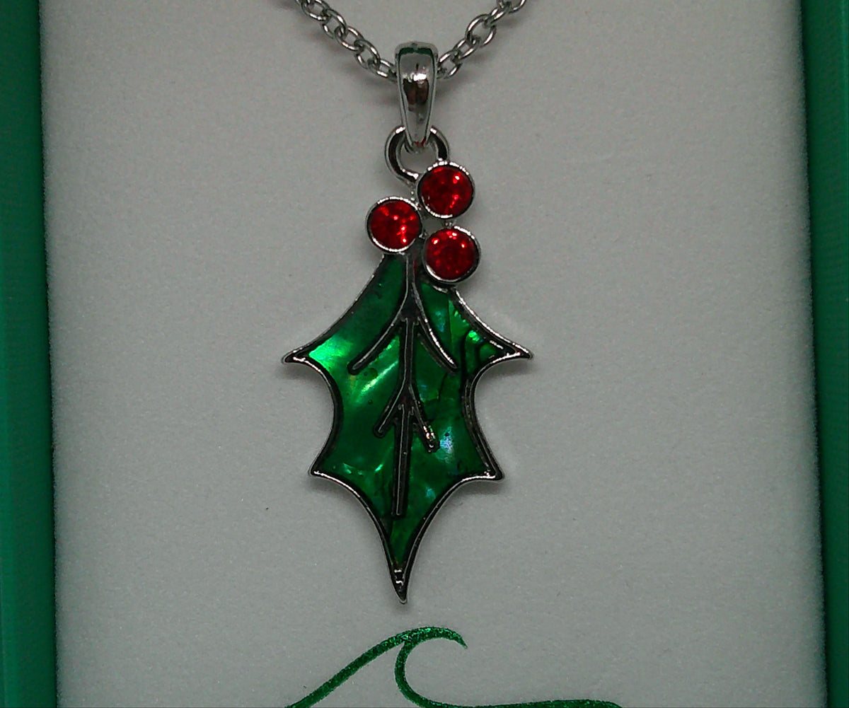 Green Paua Shell Holly Leaf Necklace with Red Glass Berries