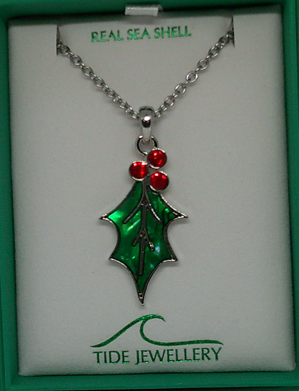 Green Paua Shell Holly Leaf Necklace with Red Glass Berries
