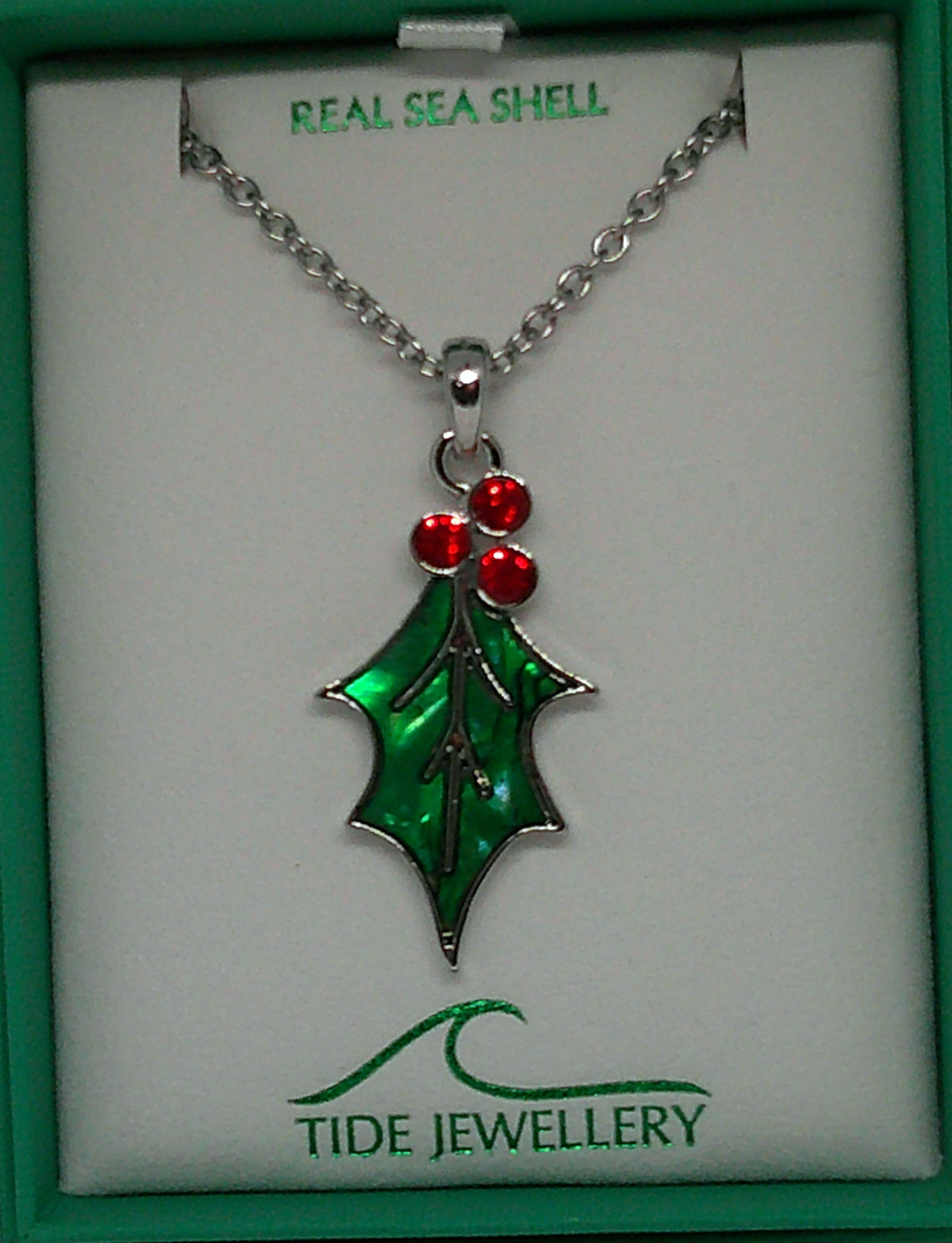 Green Paua Shell Holly Leaf Necklace with Red Glass Berries