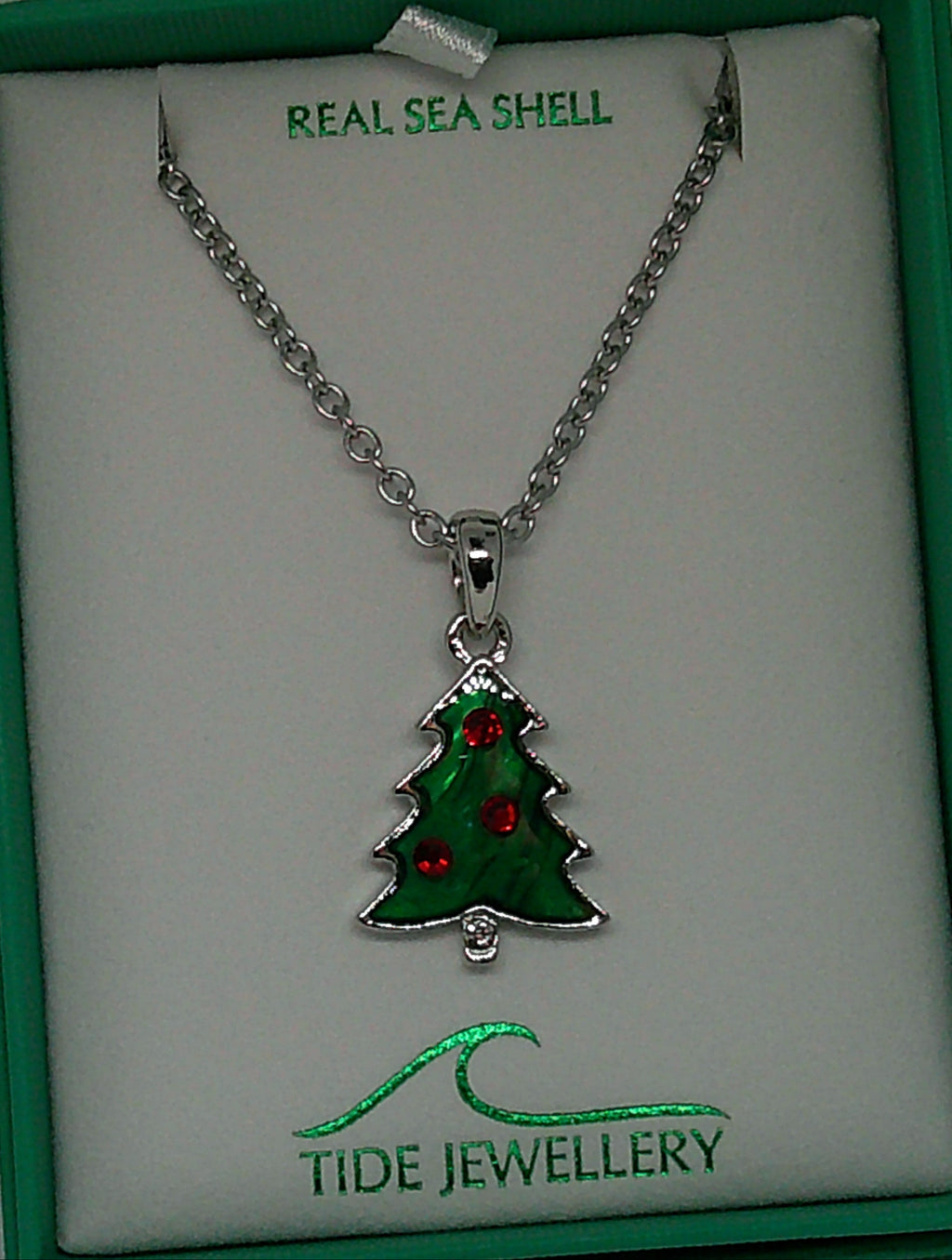 Green Paua Shell Christmas Tree Necklace with Red Glass Baubles