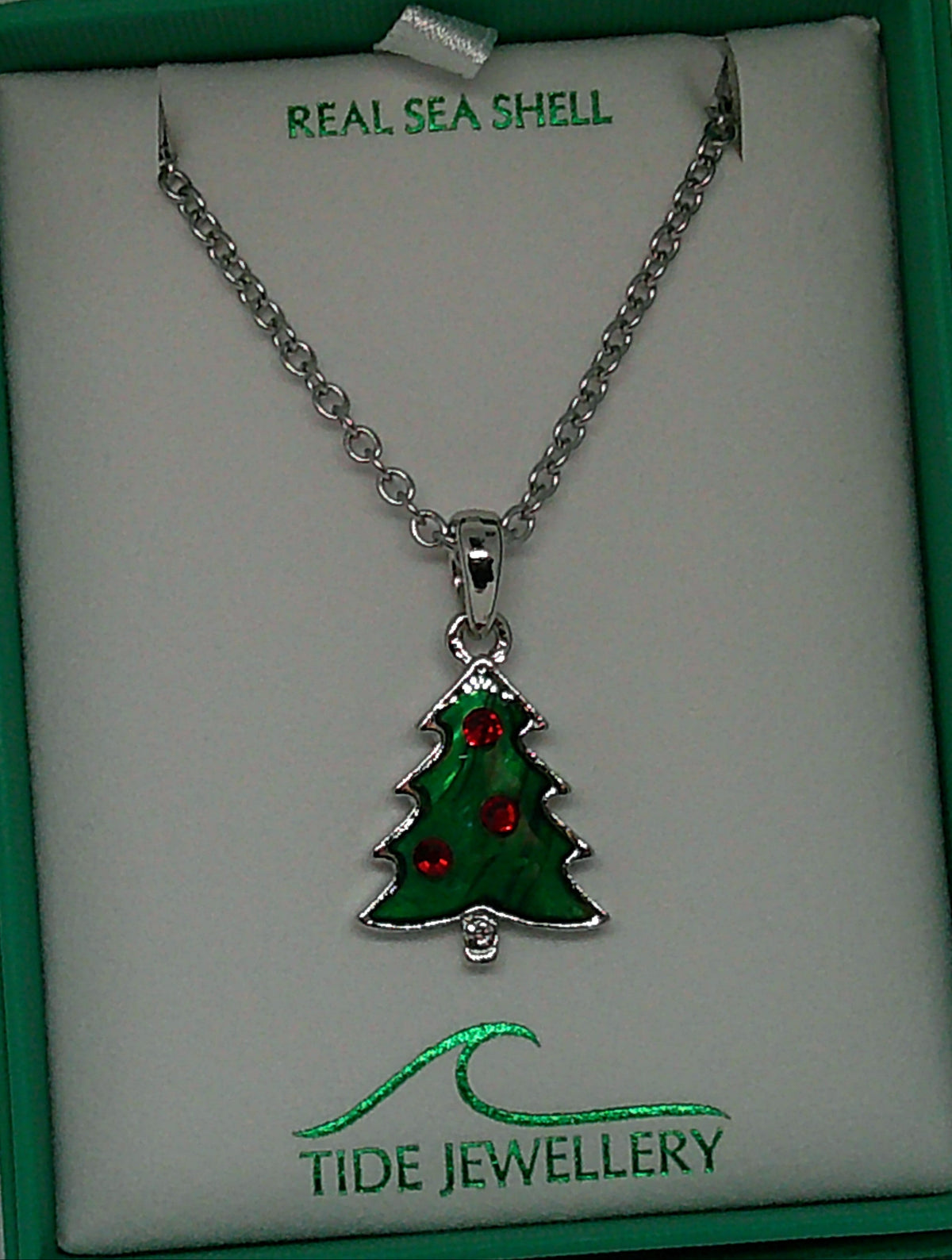 Green Paua Shell Christmas Tree Necklace with Red Glass Baubles