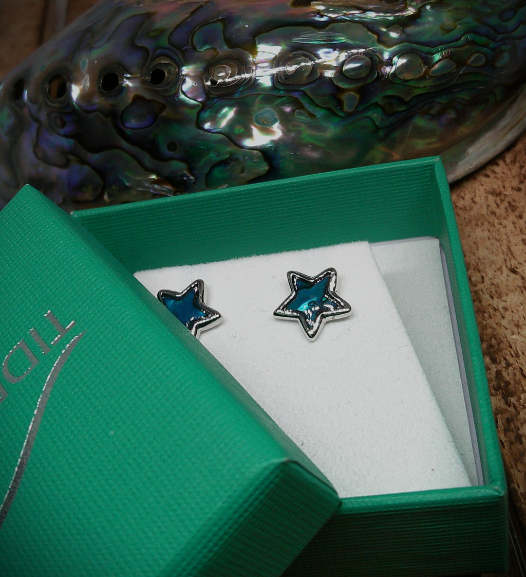 Paua shell blue star stud earrings