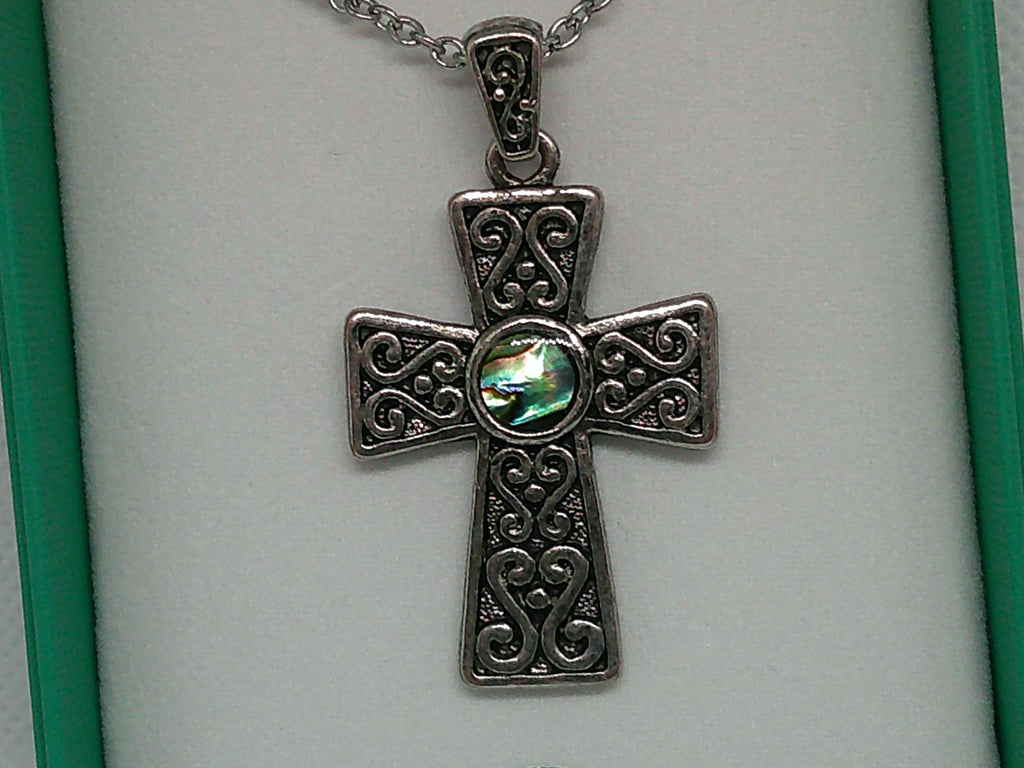 Natural Paua Shell Celtic Cross Necklace