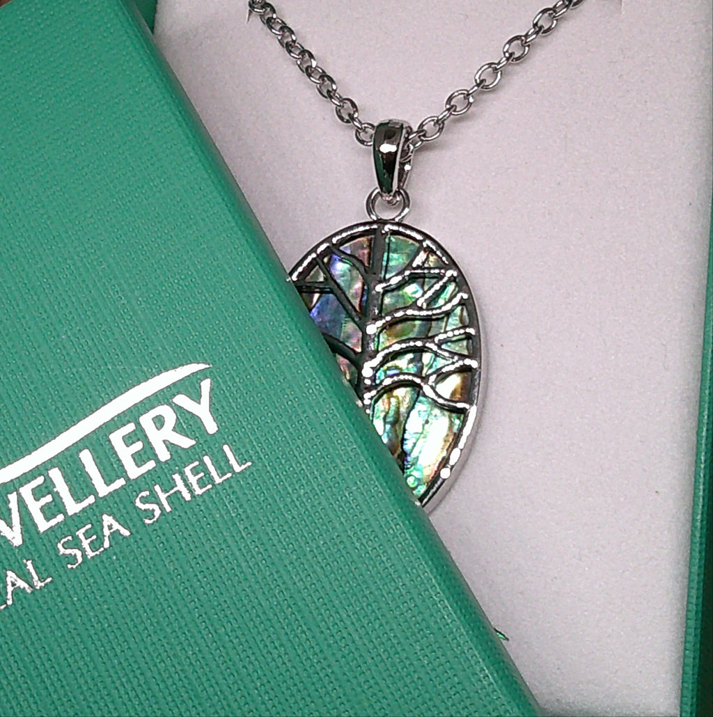 Paua shell oval tree of life necklace