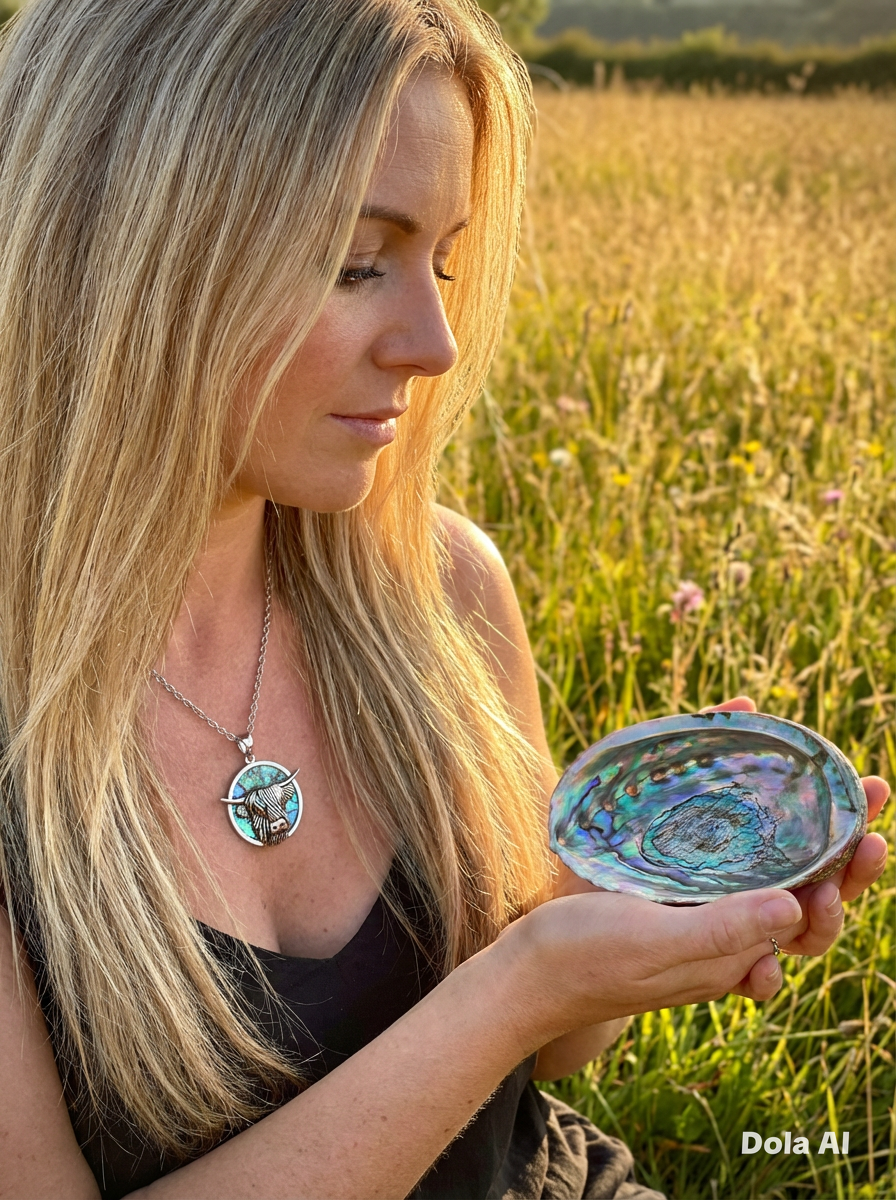 Paua shell west highland cow necklace