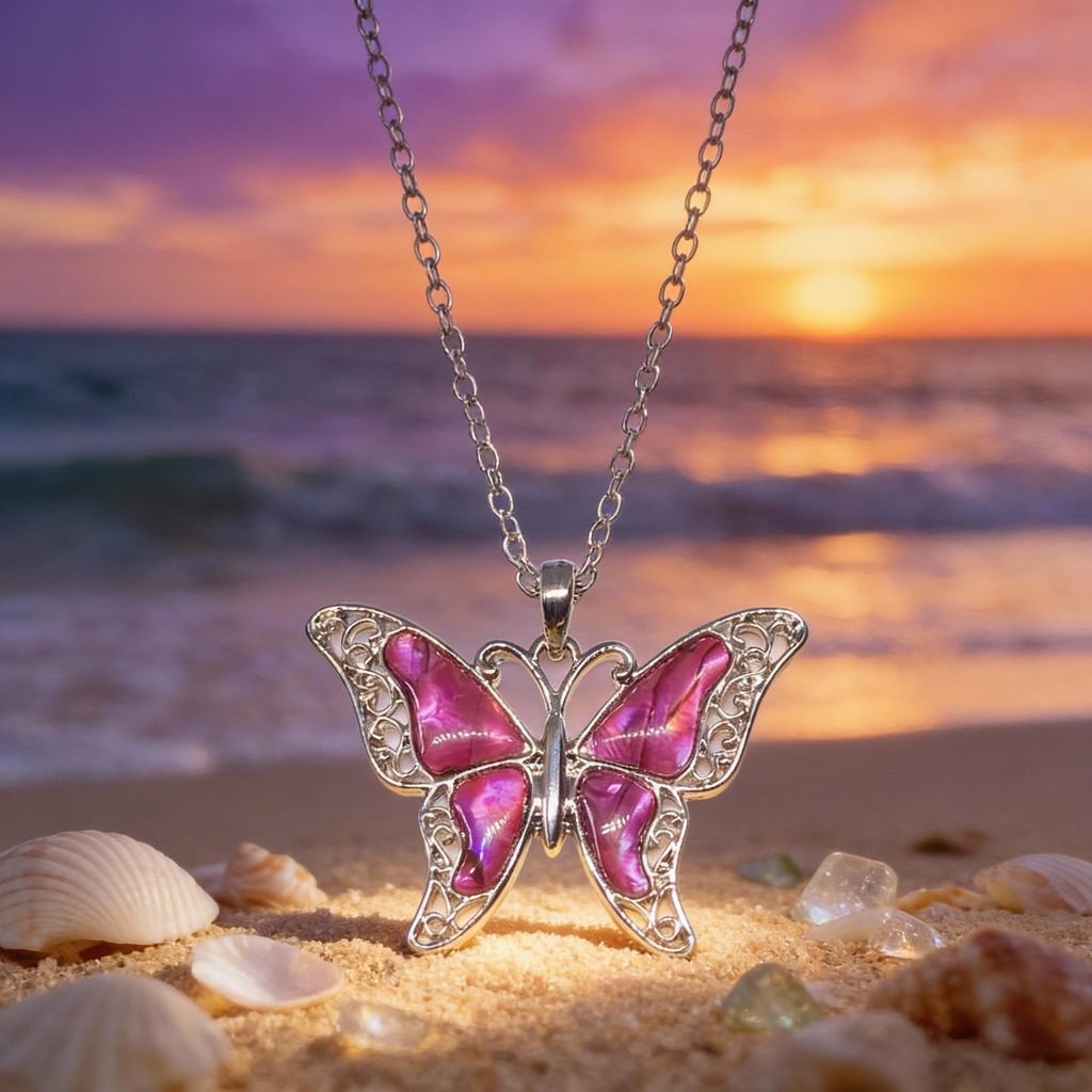 Paua shell pink filigree butterfly necklace