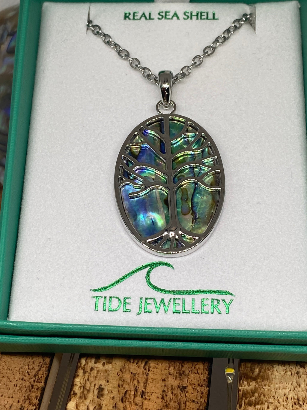 Paua shell oval tree of life necklace