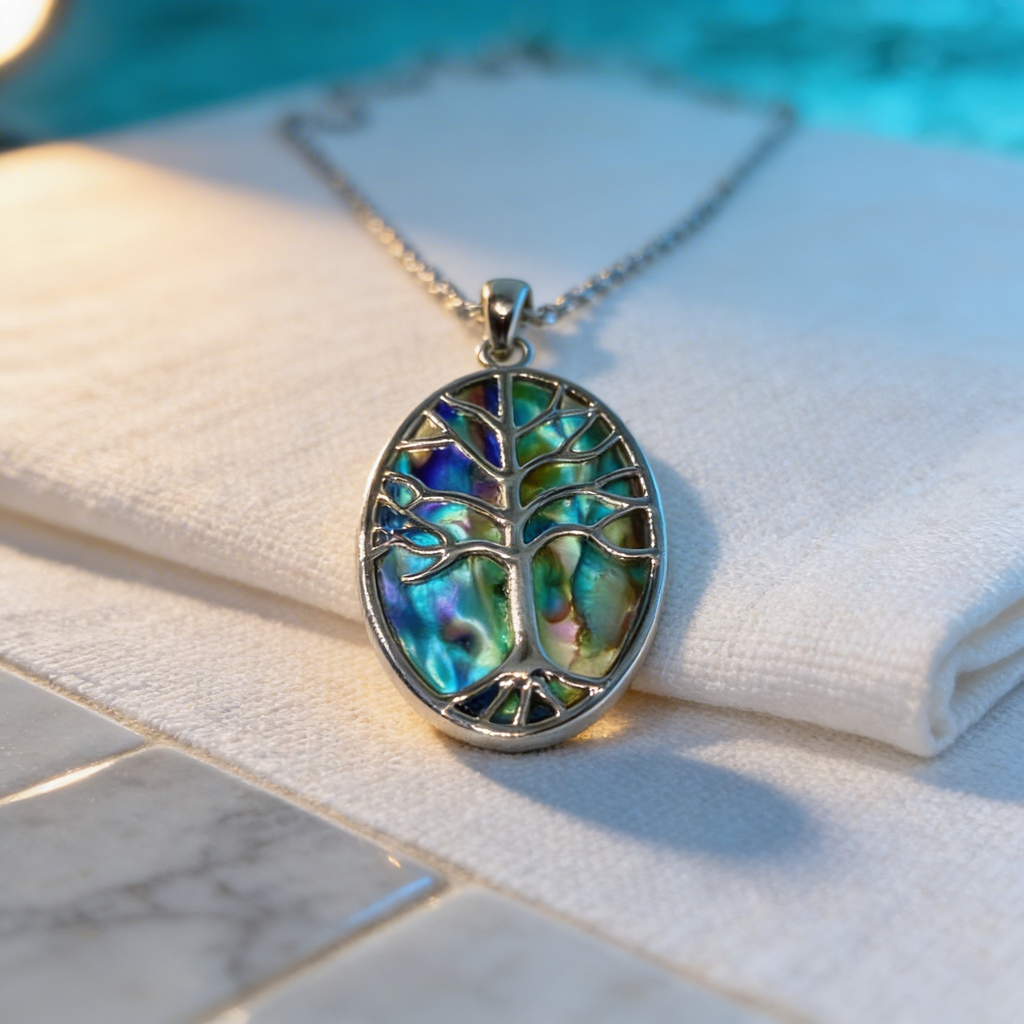 Paua shell oval tree of life necklace