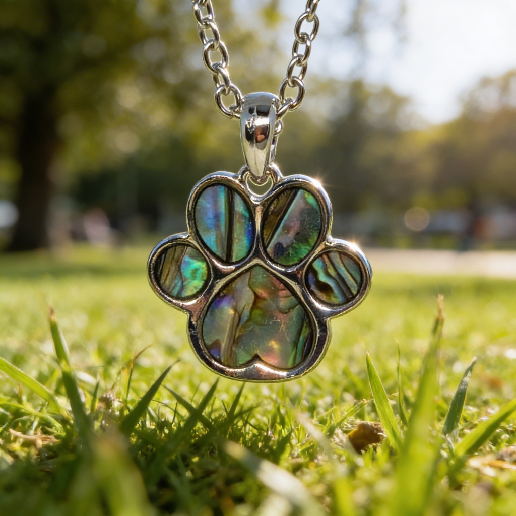 Paua shell pawprint necklace