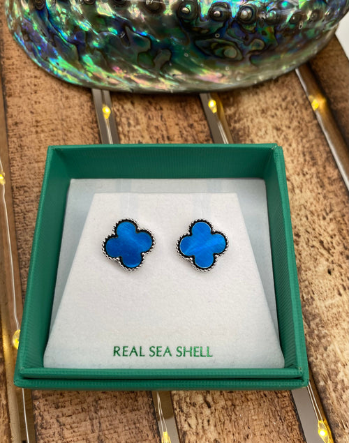 Mother of pearl shell blue Clover shape stud earrings