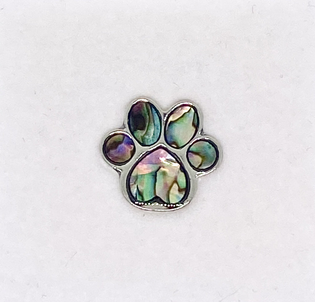 Paua shell paw print pin badge with iridescent abalone shell inlay