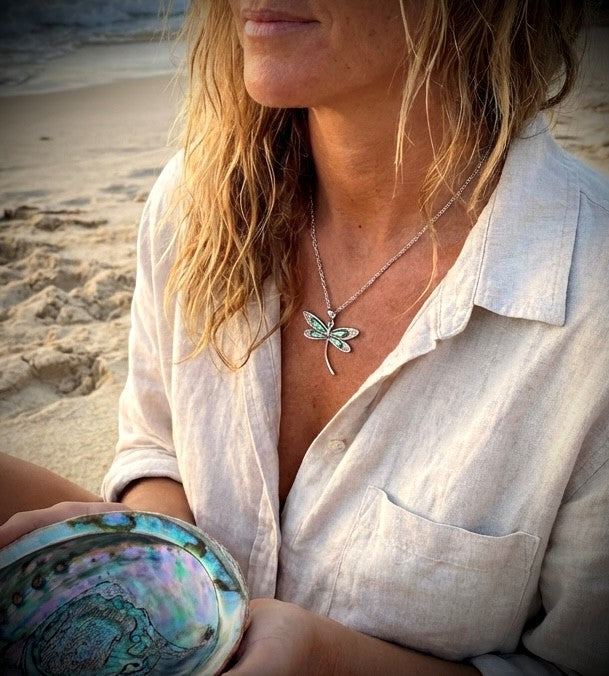 Paua shell Filigree Dragonfly necklace