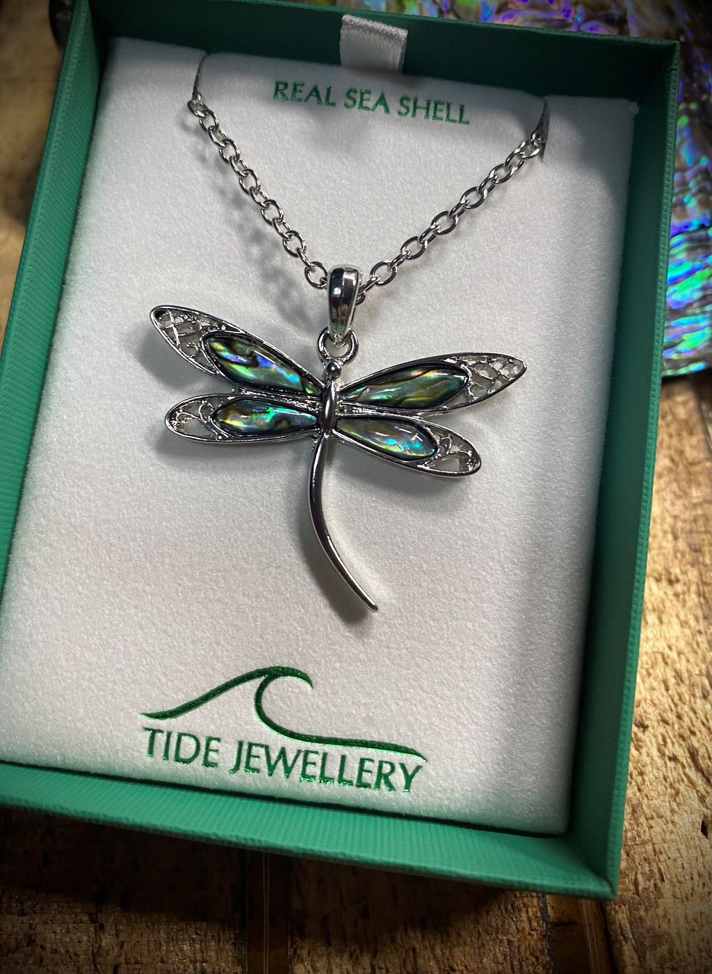 Paua shell Filigree Dragonfly necklace