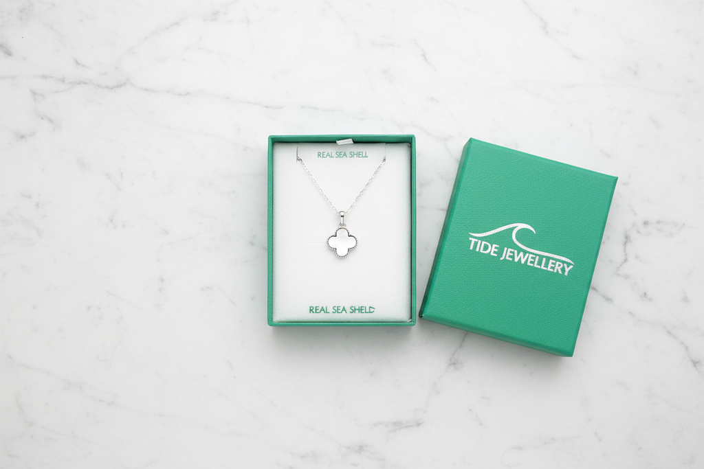 Boxed necklace flat lay