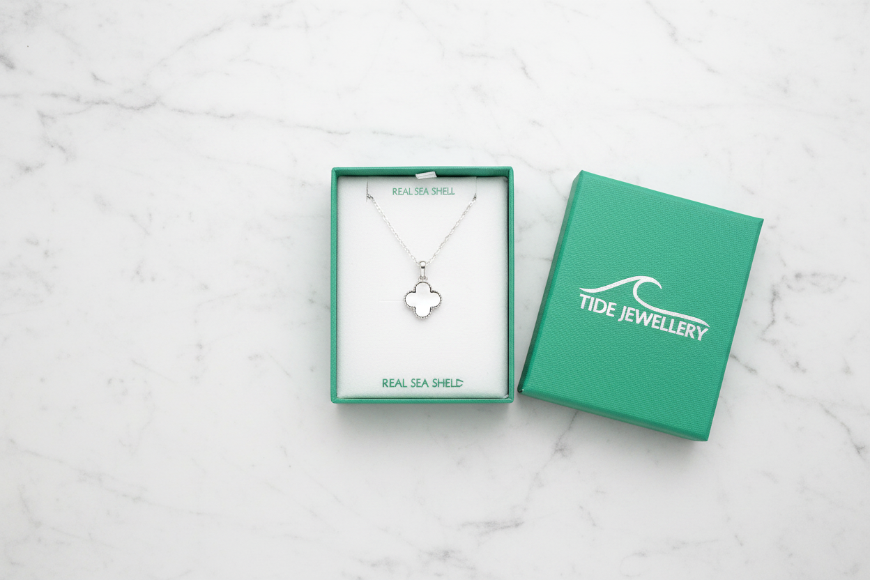 Boxed necklace flat lay