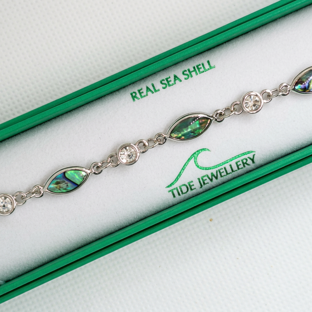 Brightened, clearer photo of the Paua shell bracelet in its presentation box