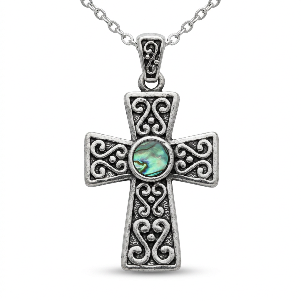 Celtic cross necklace on a white background