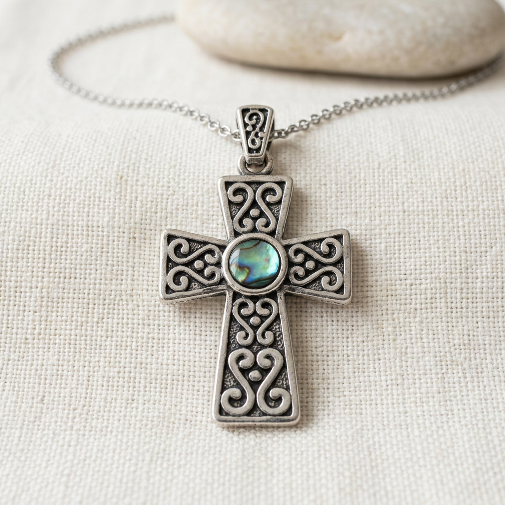 Celtic cross necklace styled on ivory linen