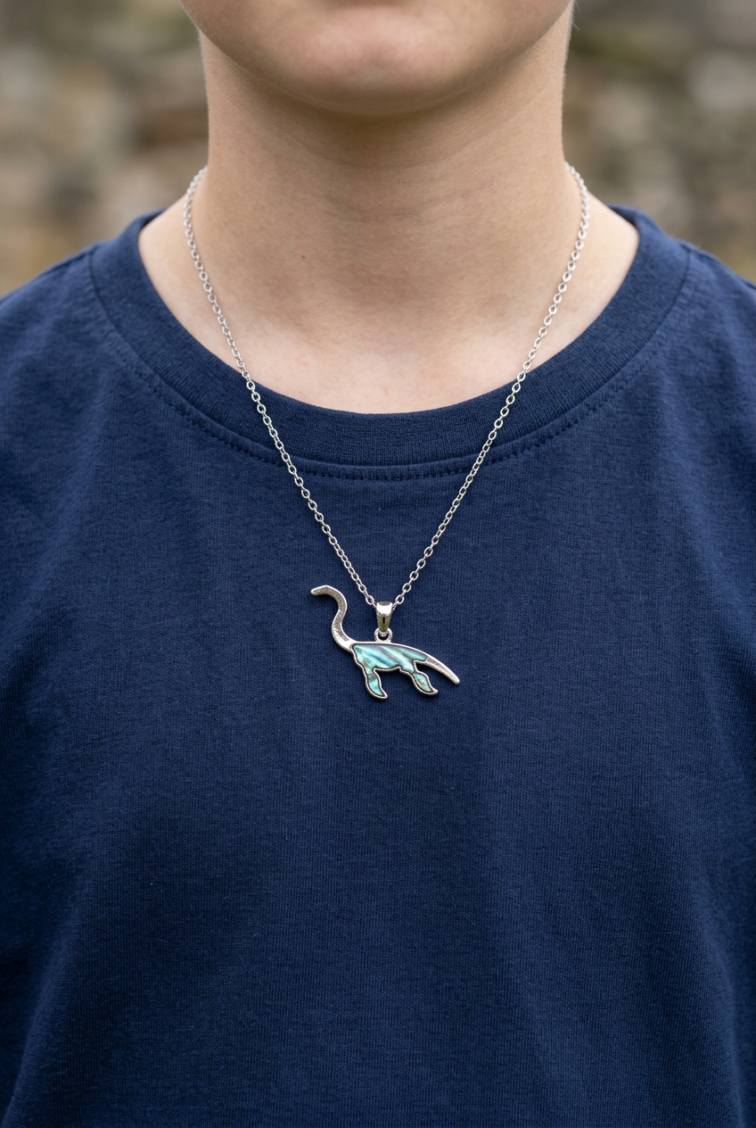 Child aged 12 wearing the plesiosaur necklace