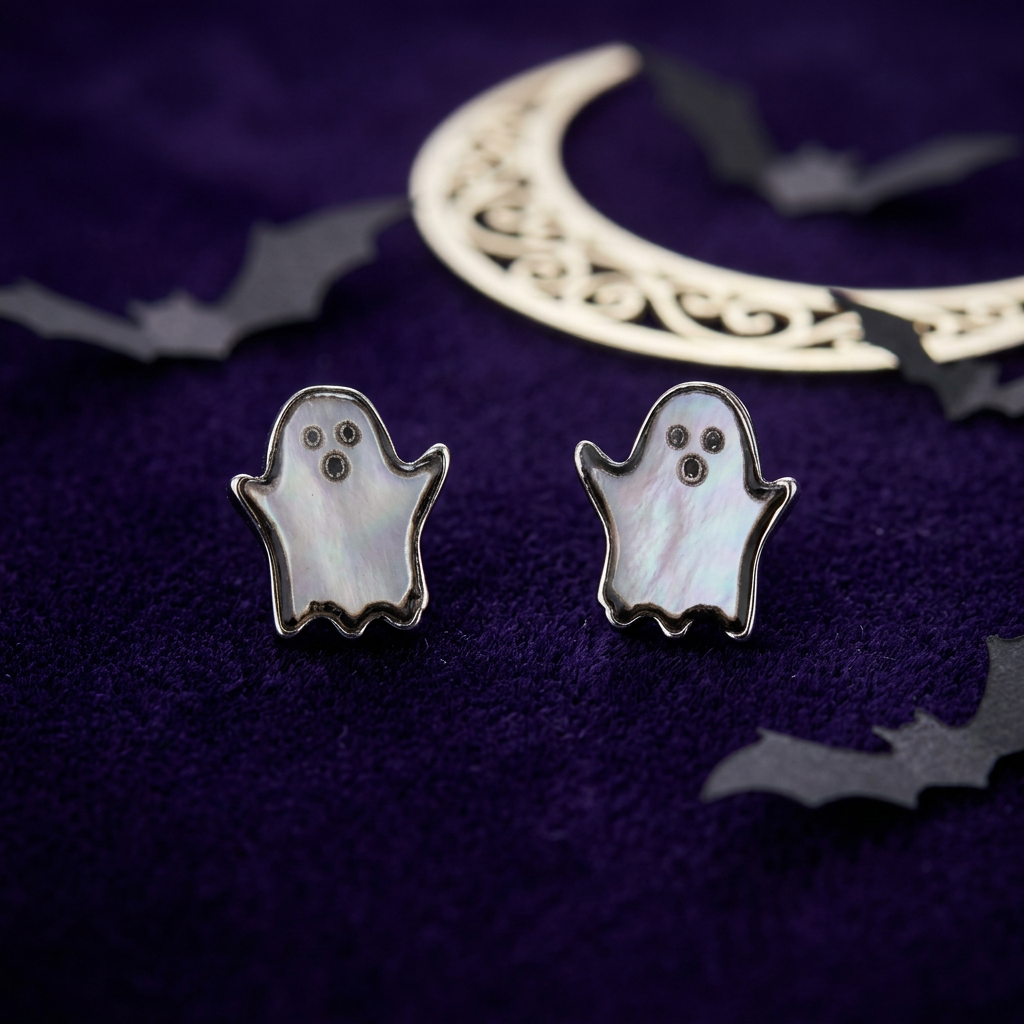 Ghost earrings on midnight-purple velvet with Halloween details