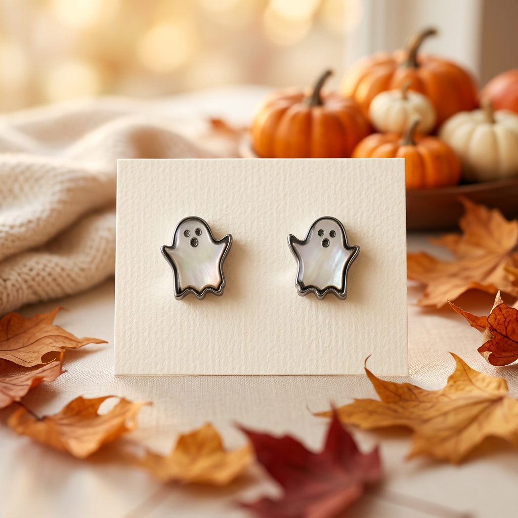 Ghost earrings styled with pumpkins and autumn leaves