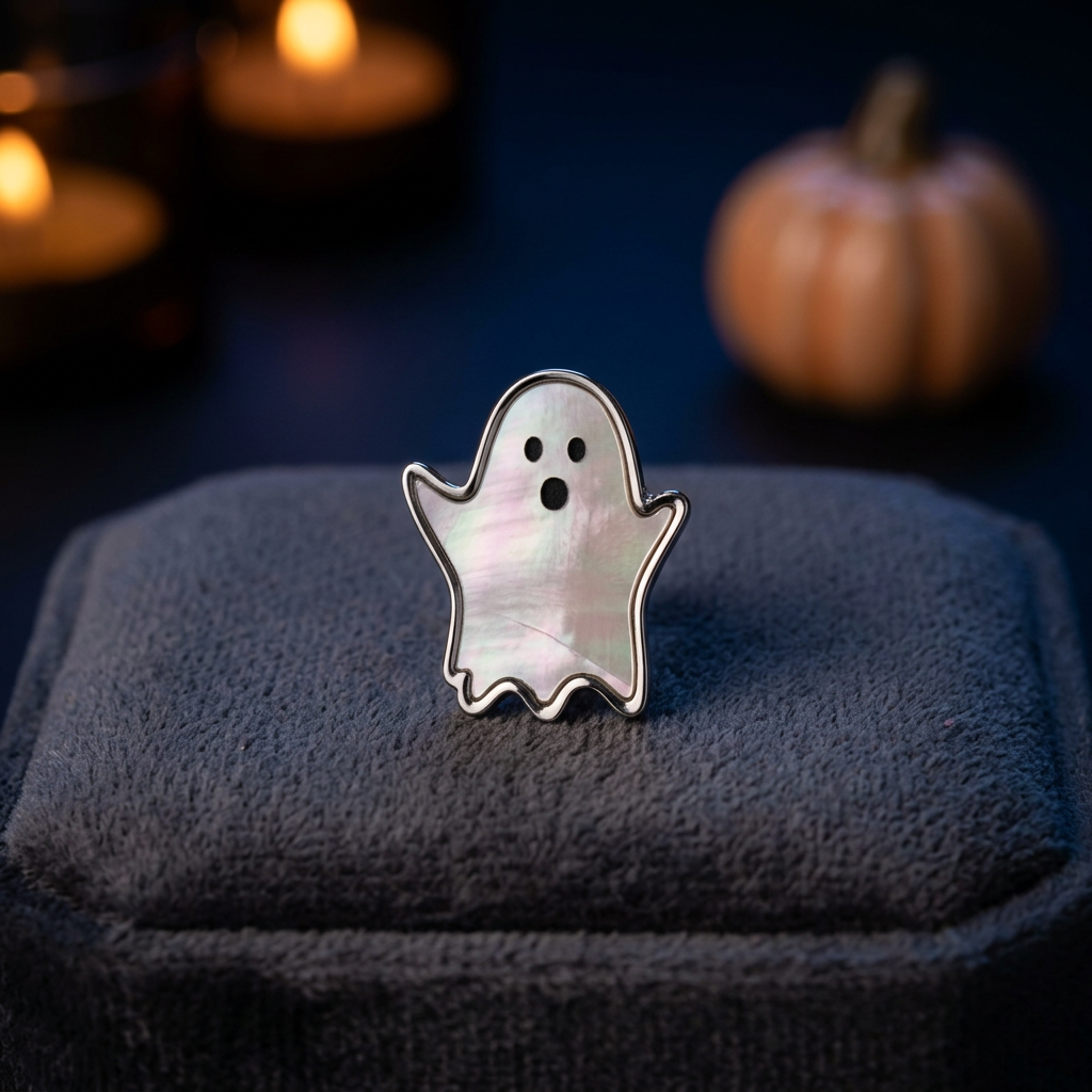 Ghost pin badge in a Halloween setting