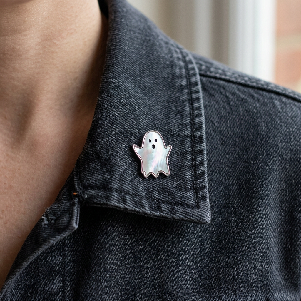 Ghost pin badge on a charcoal denim jacket