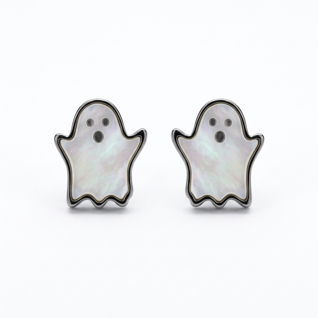 Ghost stud earrings on a clean white background