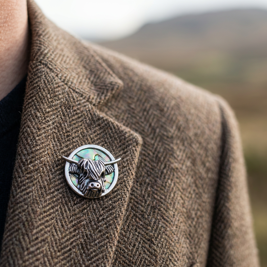 Highland cow paua shell pin badge on a tweed jacket