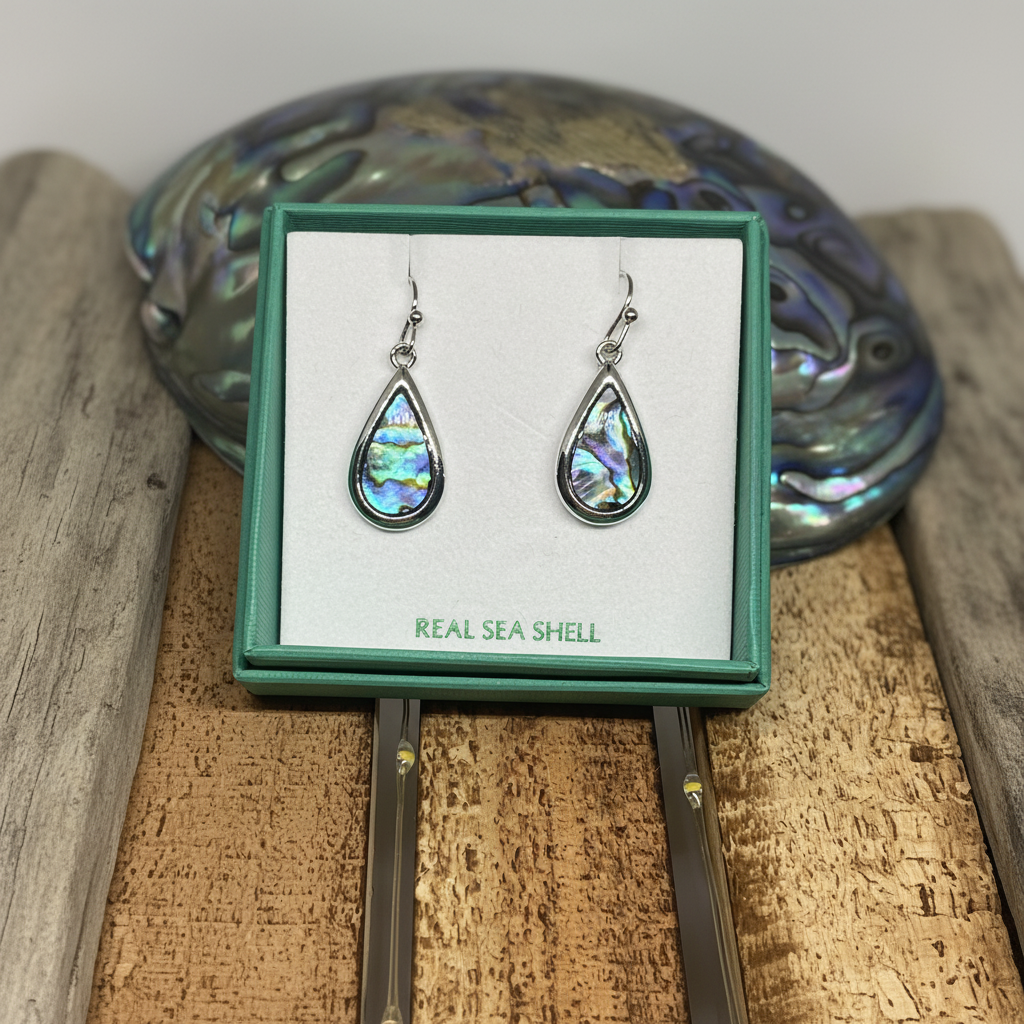 Paua shell teardrop drop earrings lifestyle flat lay in Tide Jewellery gift box