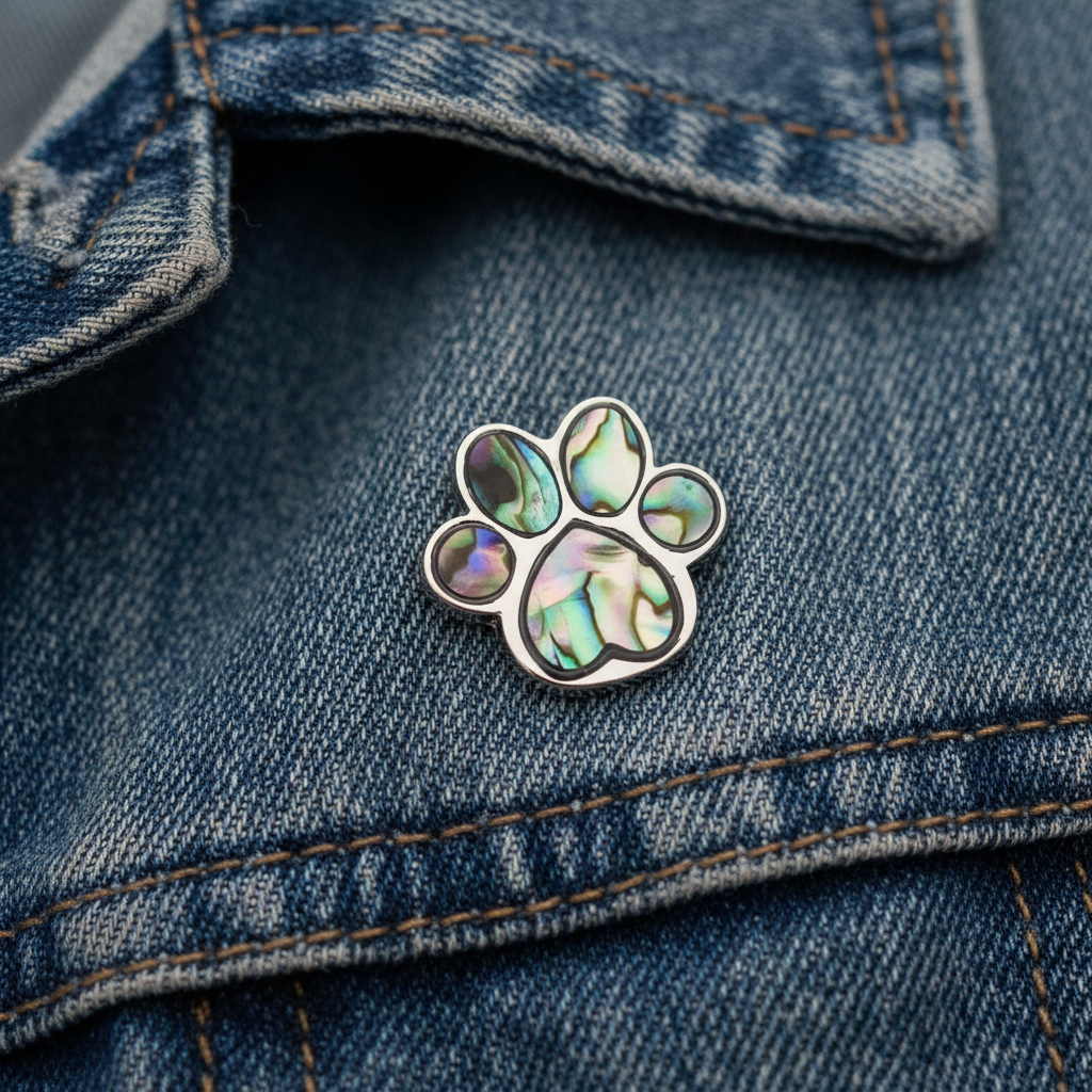 Paua shell paw print pin badge on denim jacket lapel