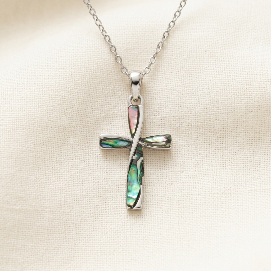 Paua shell cross necklace on classic ivory linen