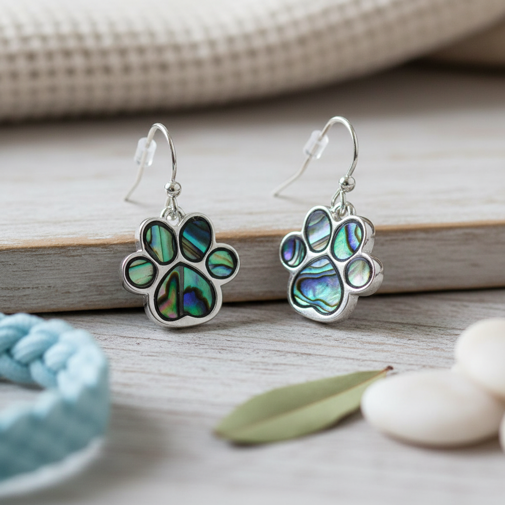 Paua shell paw print earrings