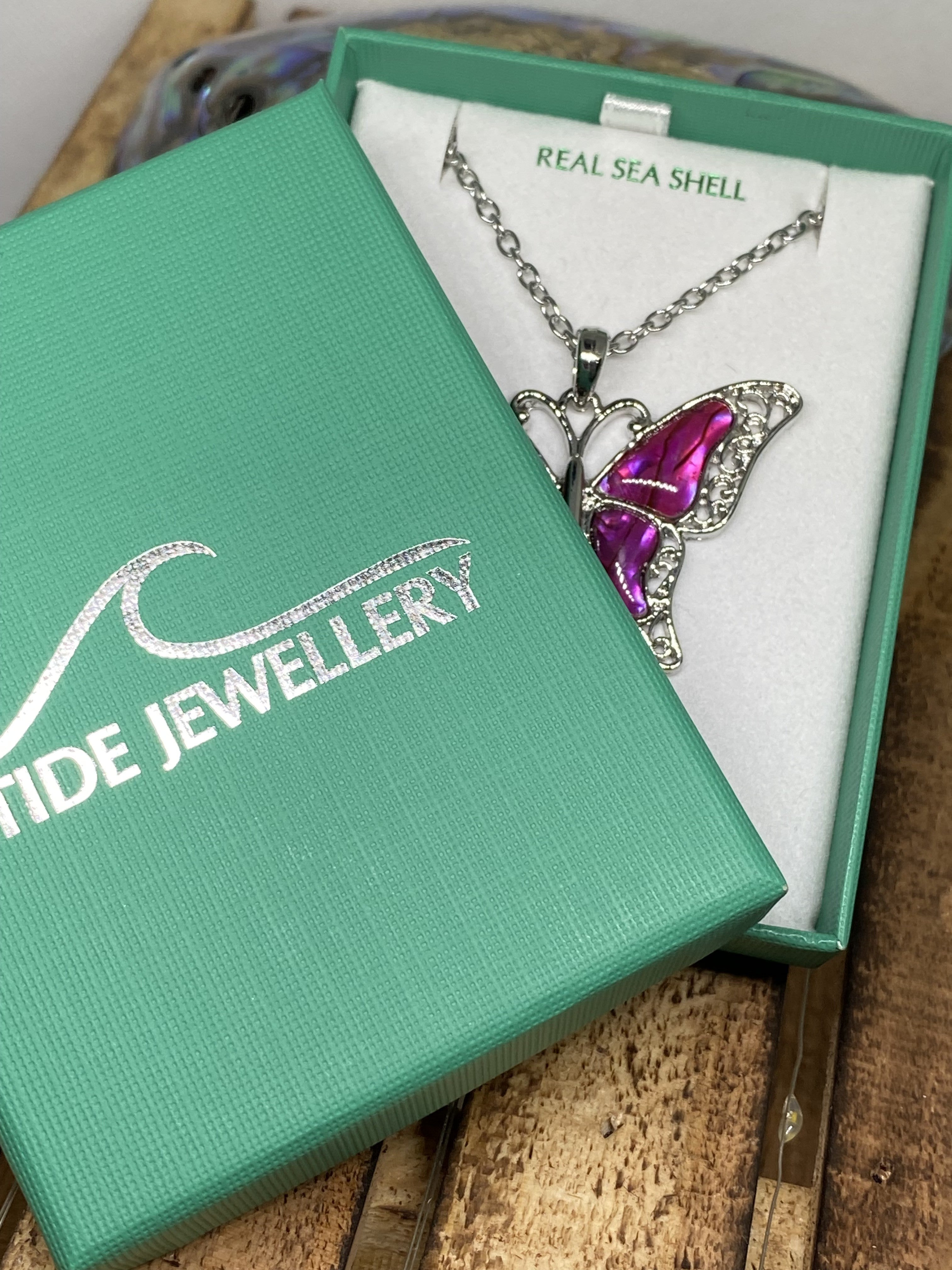 Paua Shell Pink Filigree Butterfly Pendant Necklace – Large 46mm Statement Piece