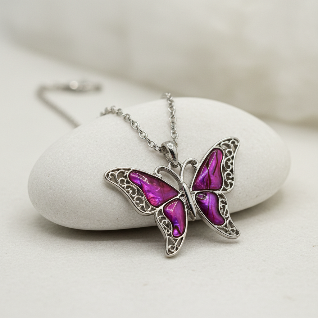 Purple Butterfly Necklace Close-up on Stone