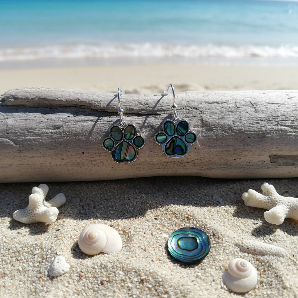 Styled flat lay of paua shell paw print earrings