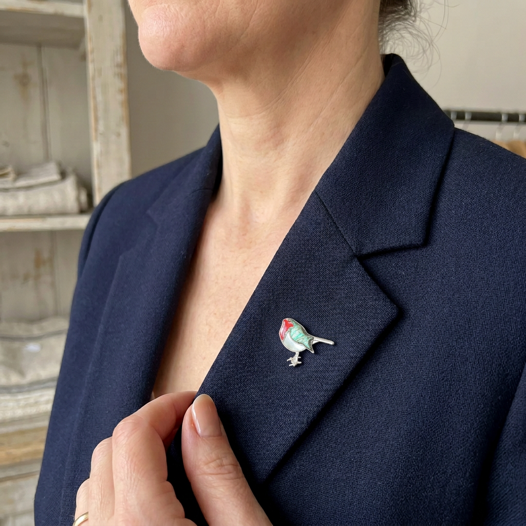 Woman wearing a smaller robin pin on her jacket