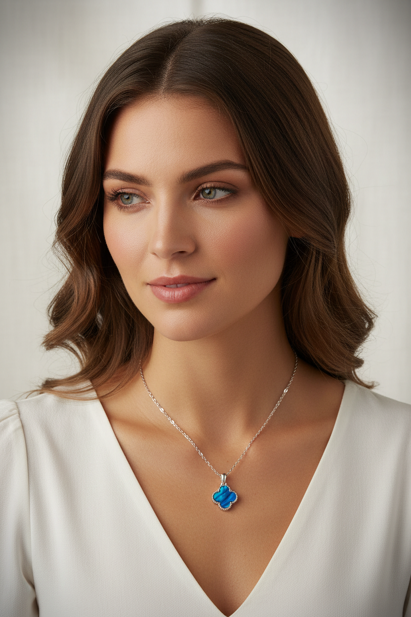 Woman wearing blue clover necklace
