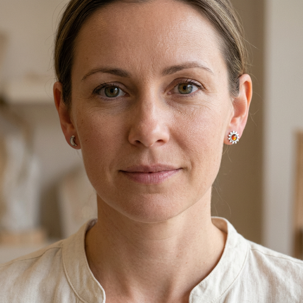 Woman wearing one small moon stud and one small sun stud
