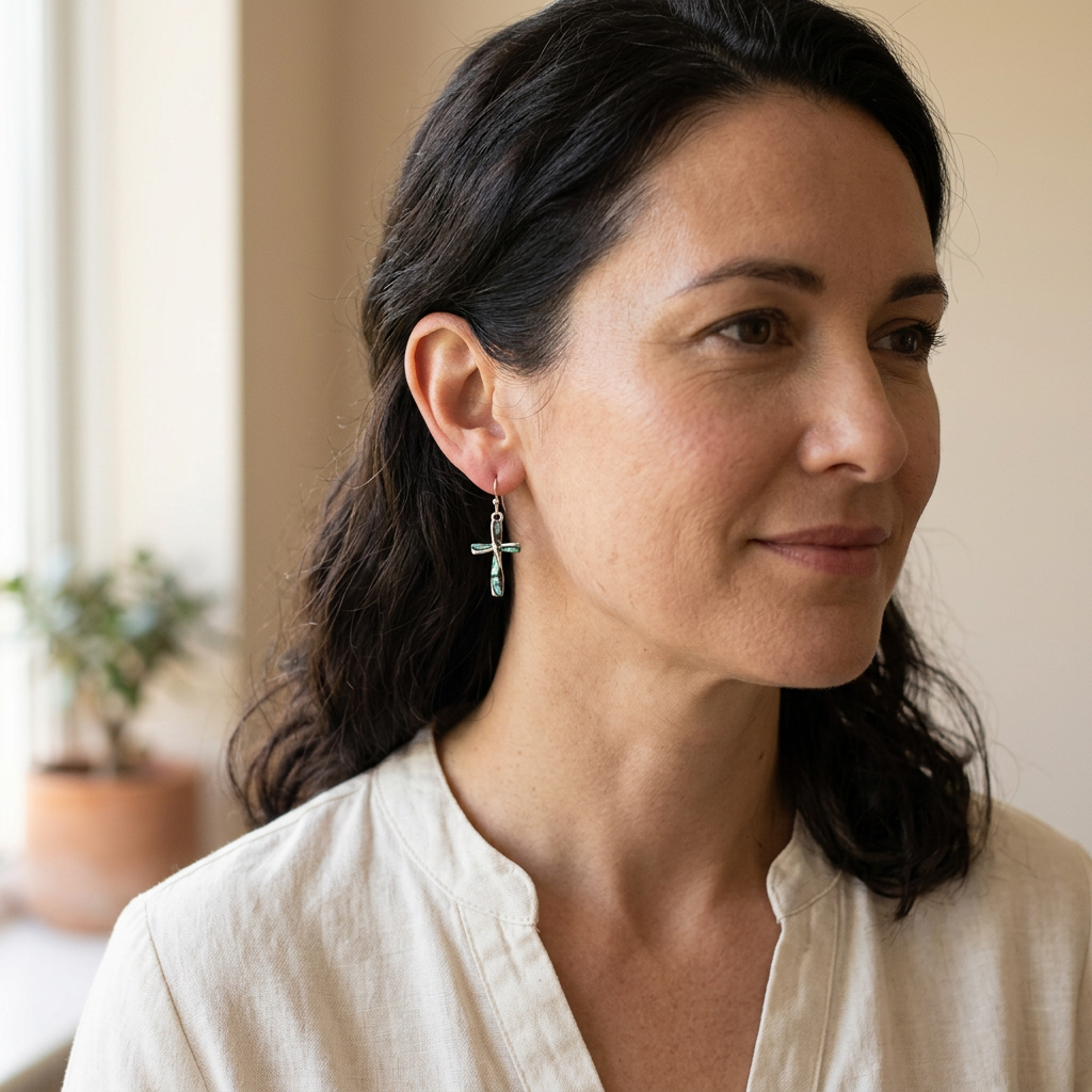 Woman wearing small, delicate Paua shell cross earrings