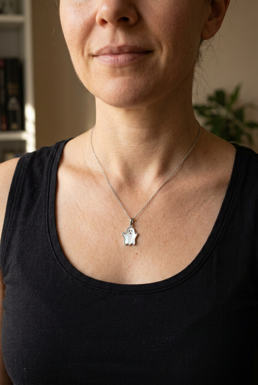 Woman wearing the ghost necklace with a smaller 15mm-scale pendant